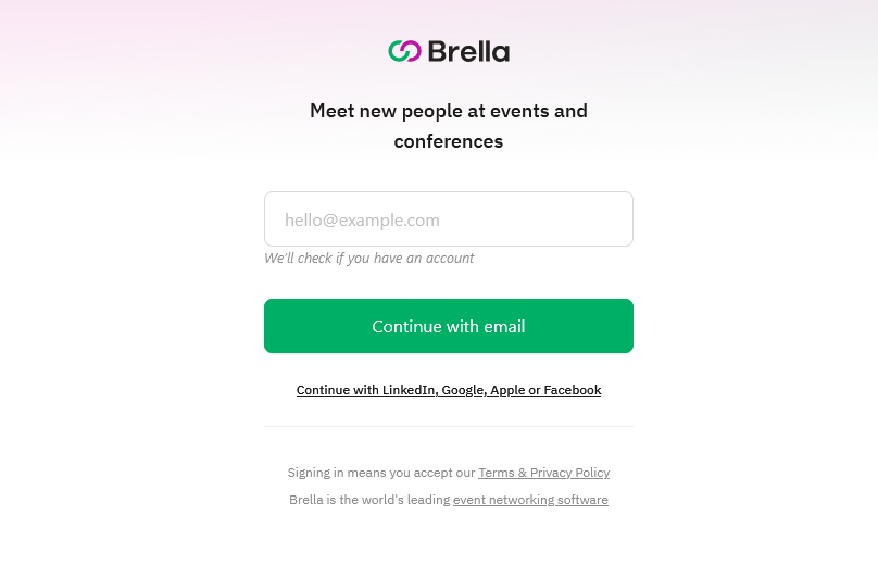 Página de registro de Brella.io. Puedes usar el mismo email que usaste en la #tarugo20 para identificarte.